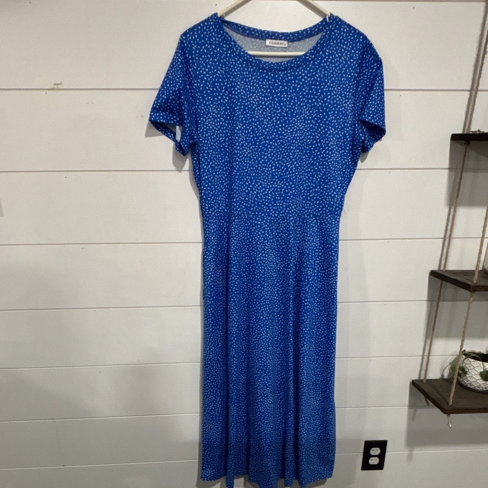 ZABERRY Blue/White Polka Dot Jersey A-Line Midi Dress Round Neck Pockets L